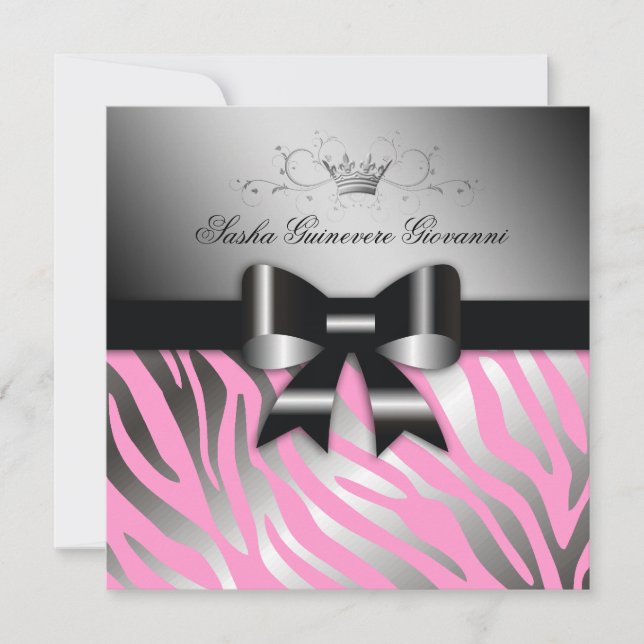 311-Night Zebra Shimmer Black Bow Pink | 30 Invitation (Front)
