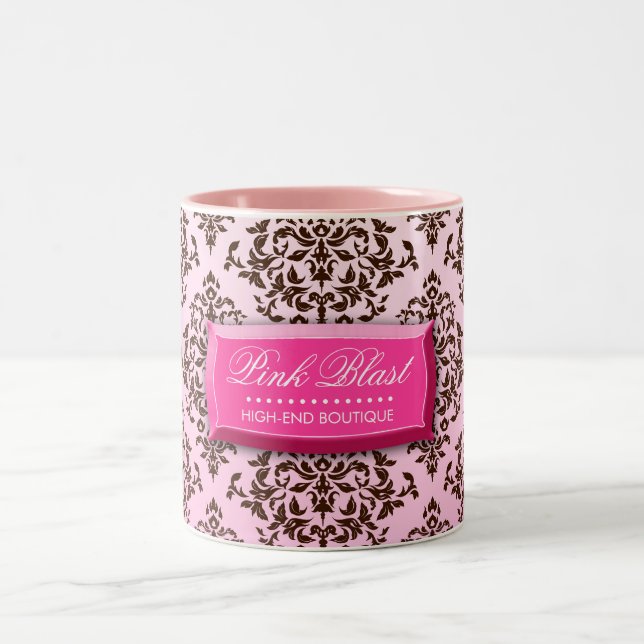 311-Pink Blast Chocolate Brown Damask Coffee Mug (Center)