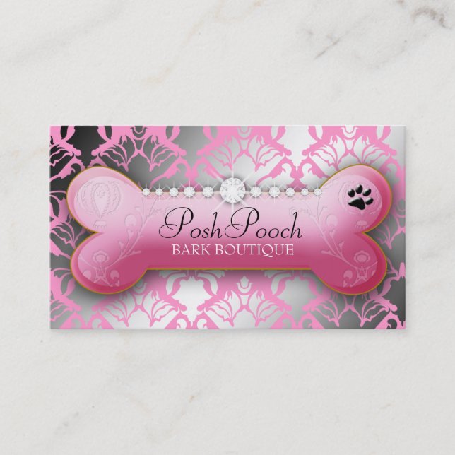 311 Posh Pooch Damask Shimmer Pink Poodle Business Card (Front)