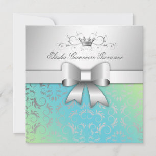 311-Silver Divine Bow   Turquoise Lime Sweet 16 Invitation