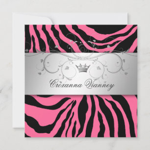 311-Silver Divine Pink Zebra Quinceanera Invitation