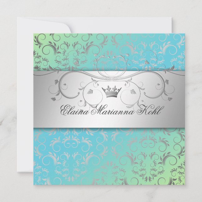 311-Silver Divine Turquoise Lime Sweet 16 Invitation (Front)