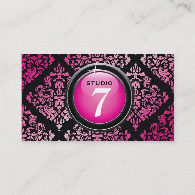 311-Sleek "Button" Hot Pink Yummy Damask Business Card (Front)