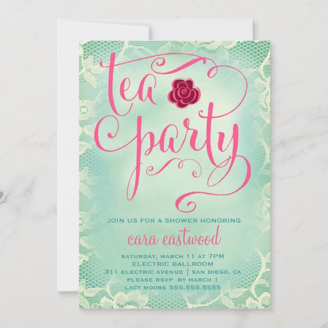 311 Tea Party Vintage Teal Pink Lace Invitation (Front)