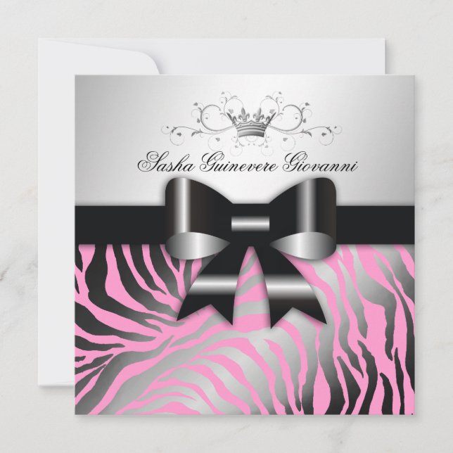 311-Zebra Shimmer Black Bow Pink | Sweet 16 Invitation (Front)