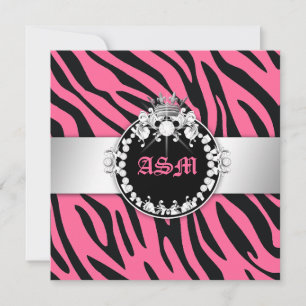 311-Zebra-Tique Diamonds n' Kisses Sweet 16 Pink 2 Invitation