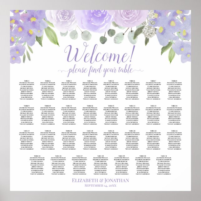 31 Table Lavender Boho Roses Wedding Seating Chart (Front)