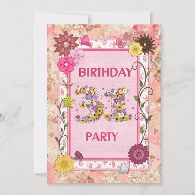 31e anniversaire invitation fête avec cadre fleuri (Devant)