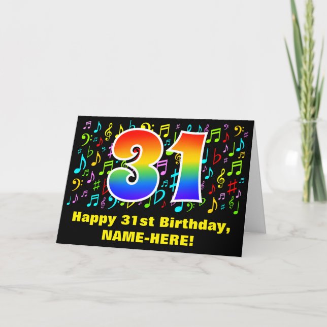 31st Birthday: Colourful Music Symbols & Rainbow 3 Card (Front)