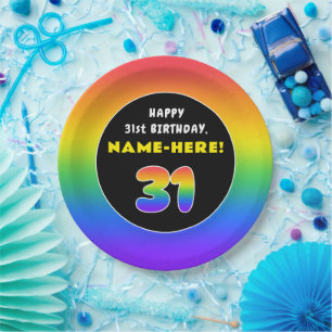 31st Birthday: Colourful Rainbow # 31, Custom Name Paper Plate