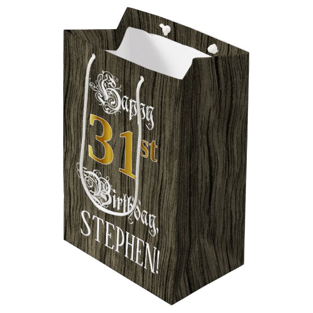 31st Birthday: Faux Gold Look & Faux Wood Pattern Medium Gift Bag (Front Angled)