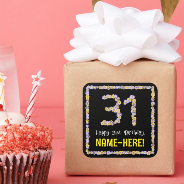 31st Birthday: Floral Flowers Number, Custom Name Square Sticker (Party)