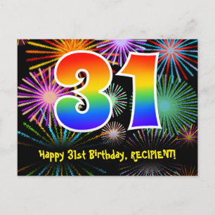 31st Birthday – Fun Fireworks Pattern + Rainbow 31 Postcard
