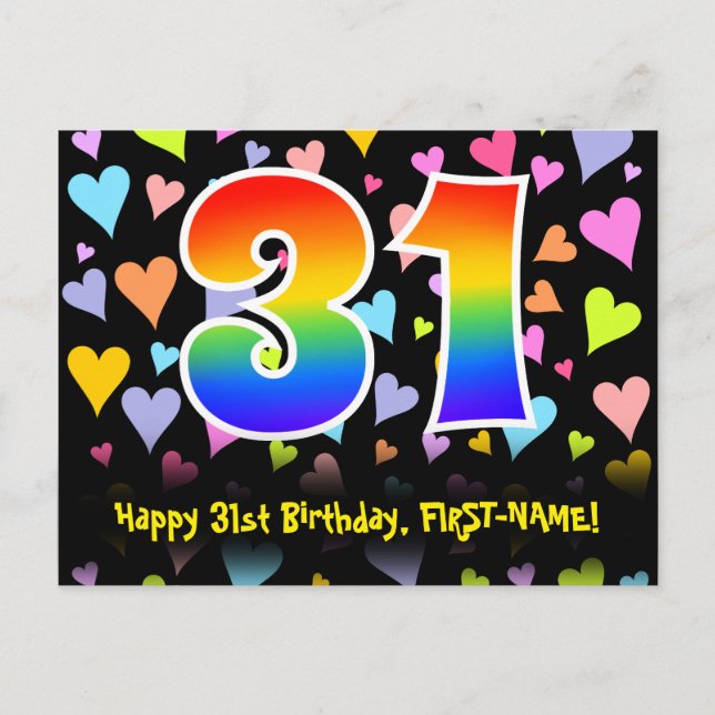 31st Birthday: Fun Hearts Pattern, Rainbow 31 Postcard (Front)