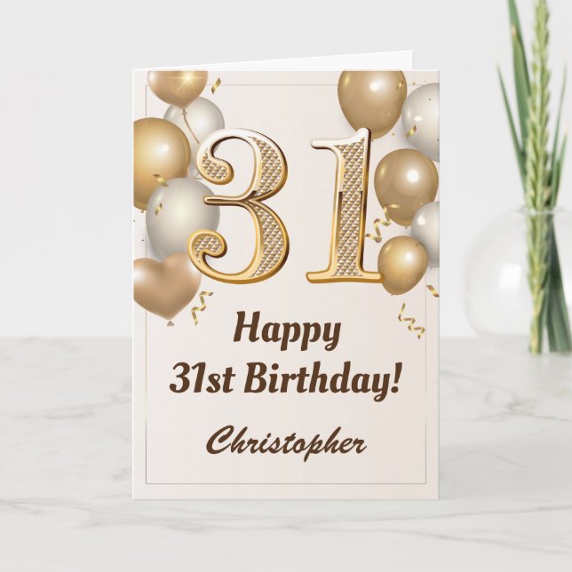 31st Birthday Gold Balloons and Confetti Birthday Card (Front)