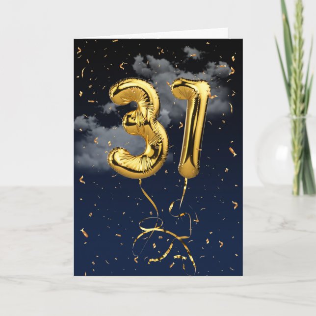 31st Birthday Gold Mylar Balloon and Confetti Card (Front)