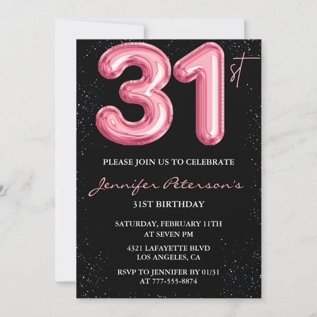 31st birthday invitations Pink Balloon Glam Black (Front)