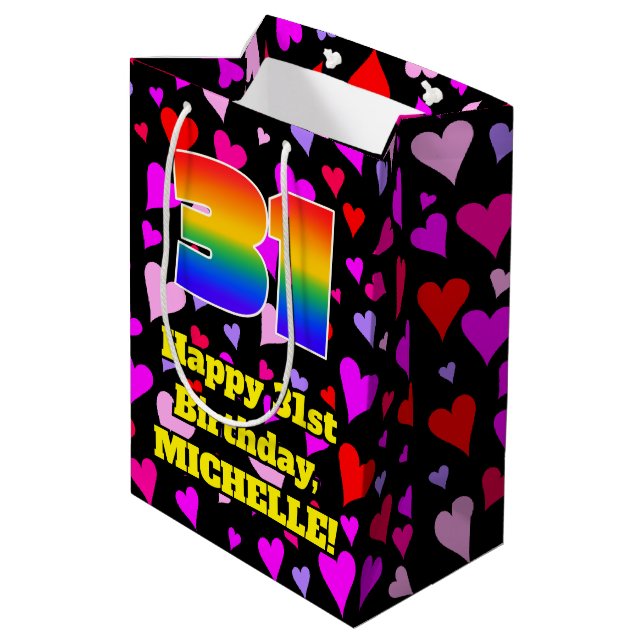 31st Birthday: Loving Hearts Pattern, Rainbow # 31 Medium Gift Bag (Back Angled)