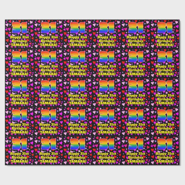 31st Birthday: Loving Hearts Pattern, Rainbow # 31 Wrapping Paper (Flat)