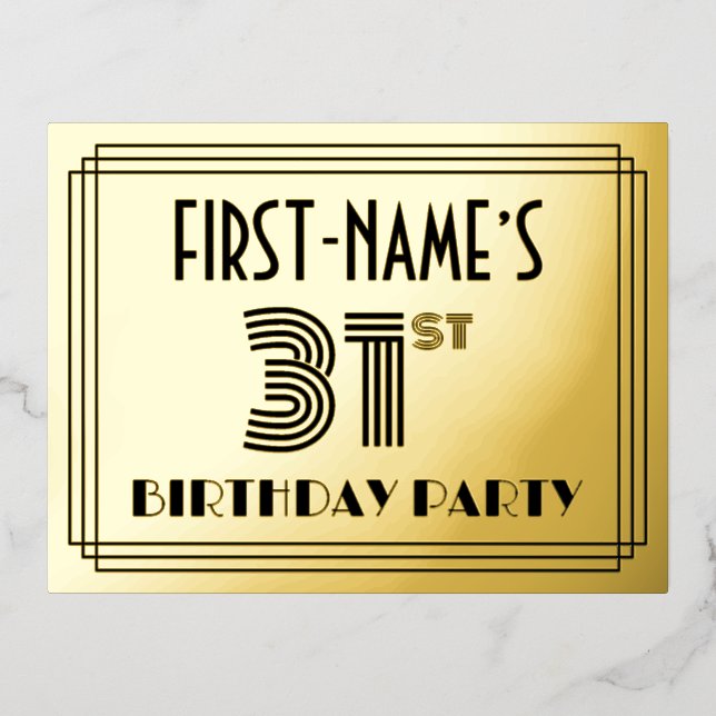 31st Birthday Party ~ Art Deco Style “31” + Name Foil Invitation Postcard (Front)