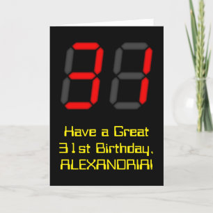 31st Birthday: Red Digital Clock Style "31" + Name Card