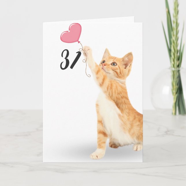 31st birthday tabby cat with heart balloon card (Front)