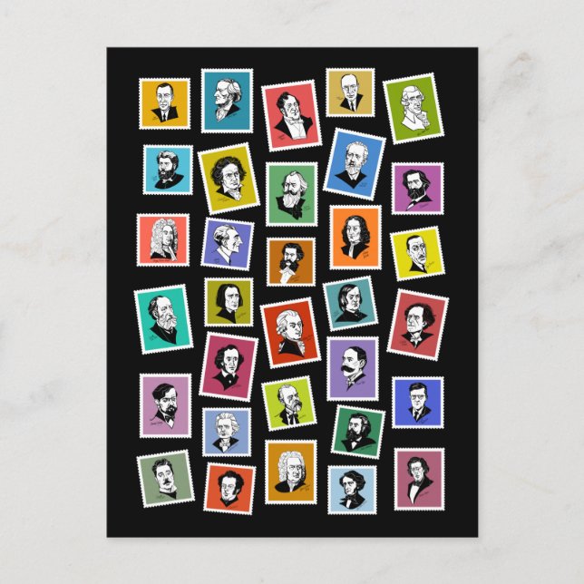 32 graphic portraits of the greatest composers postcard (Front)