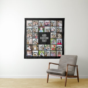 32 Photo Collage Modern Square Black - White Text Tapestry