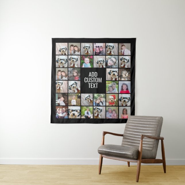 32 Photo Collage Modern Square Black - White Text Tapestry (In Situ)