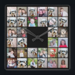 32 Photo Collage Modern Square Layout Black Square Wall Clock<br><div class="desc">Use cropped photos for the best results! Upload square photos from your phone or even Instagram to make a striking custom look for your home. You can use photos of friends or pets and then match your own decor by changing the colour. Use colour or black and white photos -...</div>