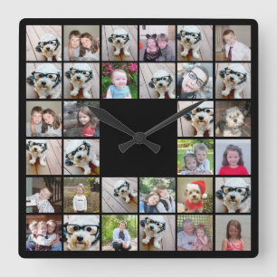 32 Photo Collage Modern Square Layout Black Wall Clock