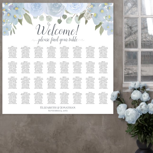 32 Table Dusty Blue Boho Chic Floral Seating Chart (In Situ on Wall)