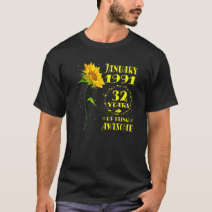 32nd Birthday 32 Year Old Sunflower  Born January  T-Shirt