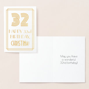 32nd Birthday - Art Deco Inspired Look "32" & Name Foil Card