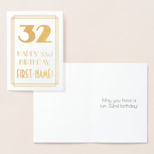 32nd Birthday: Art Deco Inspired Look "32" & Name Foil Card