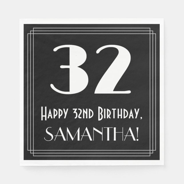 32nd Birthday ~ Art Deco Inspired Look "32", Name Napkin (Front)