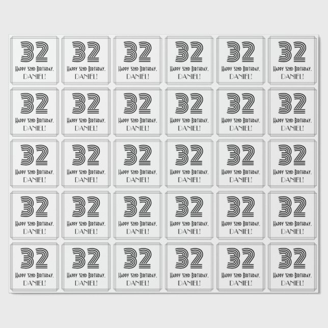 32nd Birthday: Art Deco Inspired Style "32" + Name Wrapping Paper (Flat)
