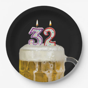 32nd Birthday Beer on black Paper Plate