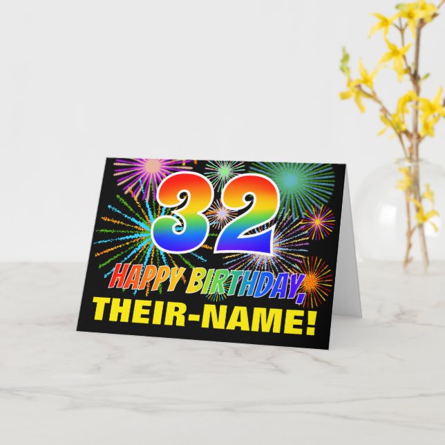 32nd Birthday: Bold, Fun, Fireworks, Rainbow 32 Card (Yellow Flower)