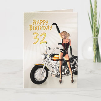32nd Birthday card with a motorbike girl