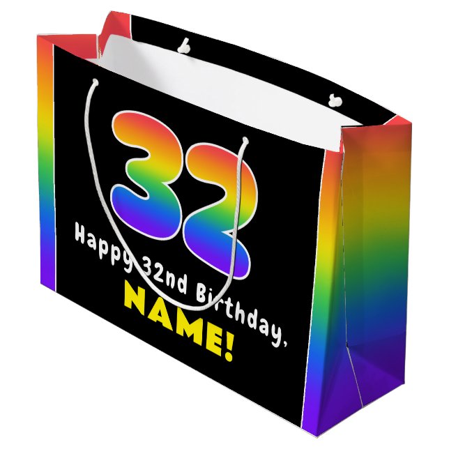32nd Birthday: Colorful Rainbow # 32, Custom Name Large Gift Bag (Back Angled)