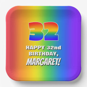 32nd Birthday: Colourful, Fun Rainbow Pattern # 32 Paper Plate