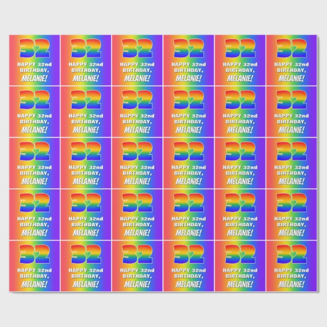 32nd Birthday: Colourful, Fun Rainbow Pattern # 32 Wrapping Paper (Flat)