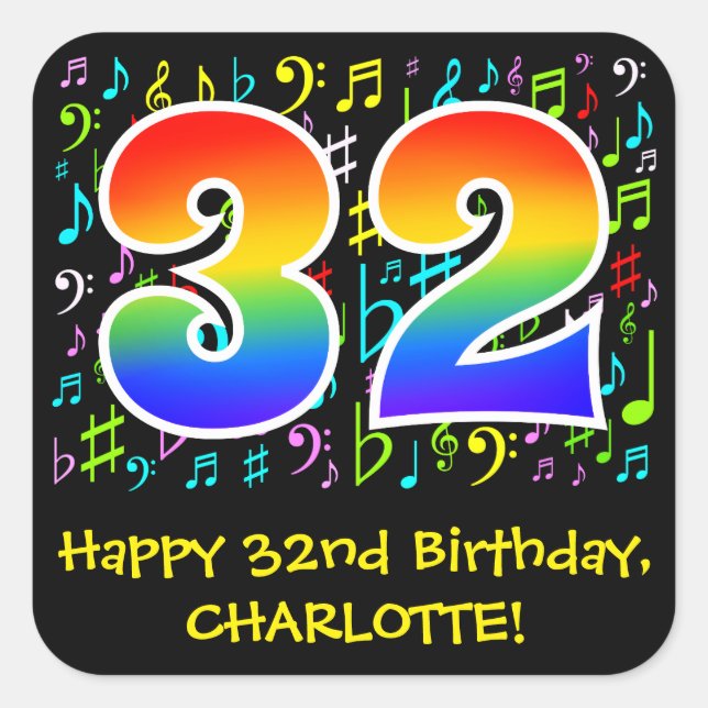 32nd Birthday: Colourful Music Symbols, Rainbow 32 Square Sticker (Front)