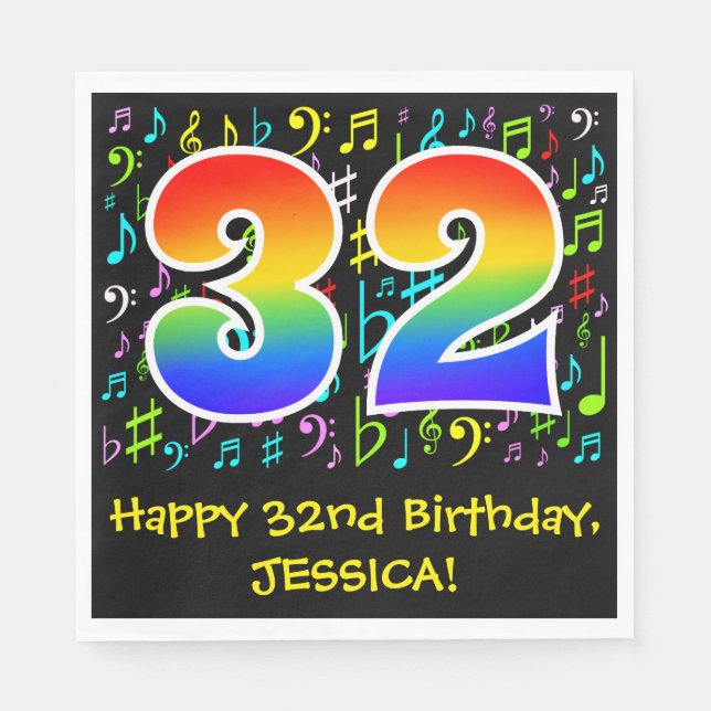 32nd Birthday - Colourful Music Symbols, Rainbow 3 Napkin (Front)