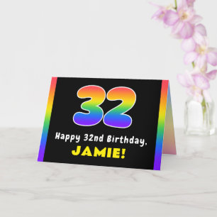 32nd Birthday: Colourful Rainbow # 32, Custom Name Card