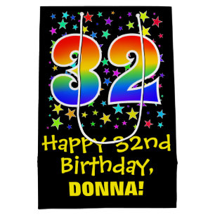 32nd Birthday: Colourful Stars Pattern & Rainbow 3 Medium Gift Bag