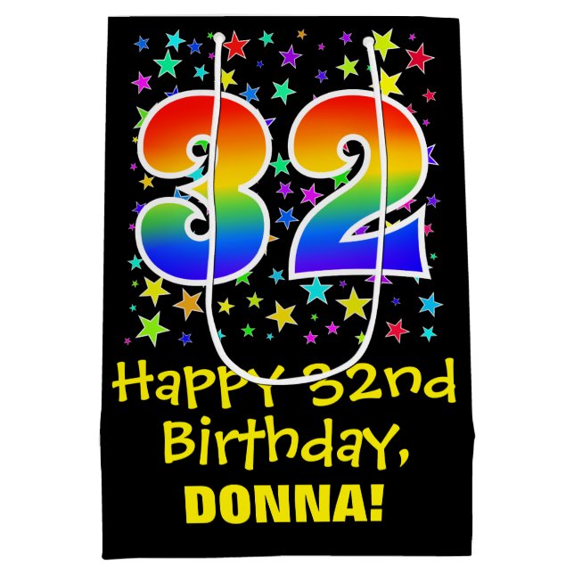 32nd Birthday: Colourful Stars Pattern & Rainbow 3 Medium Gift Bag (Back)