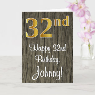 32nd Birthday: Elegant Faux Gold Look #, Faux Wood Card