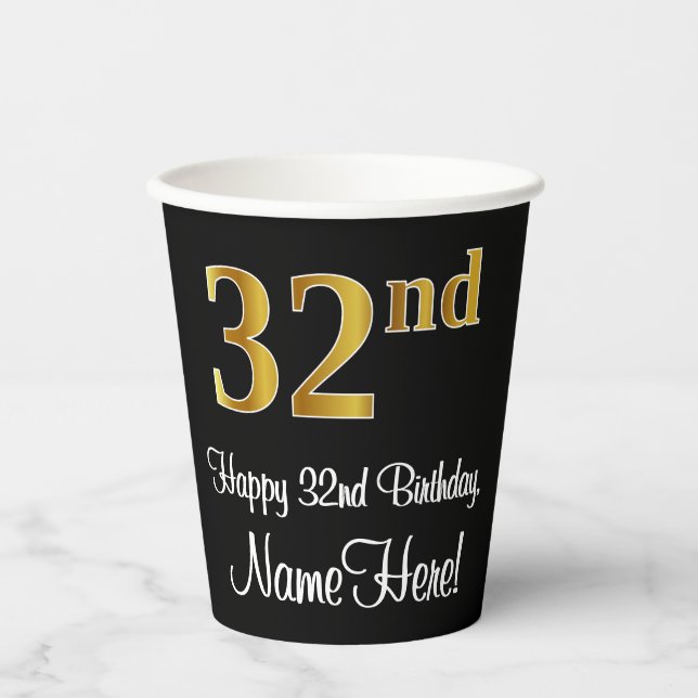 32nd Birthday - Elegant Luxurious Faux Gold Look # Paper Cups (Front)